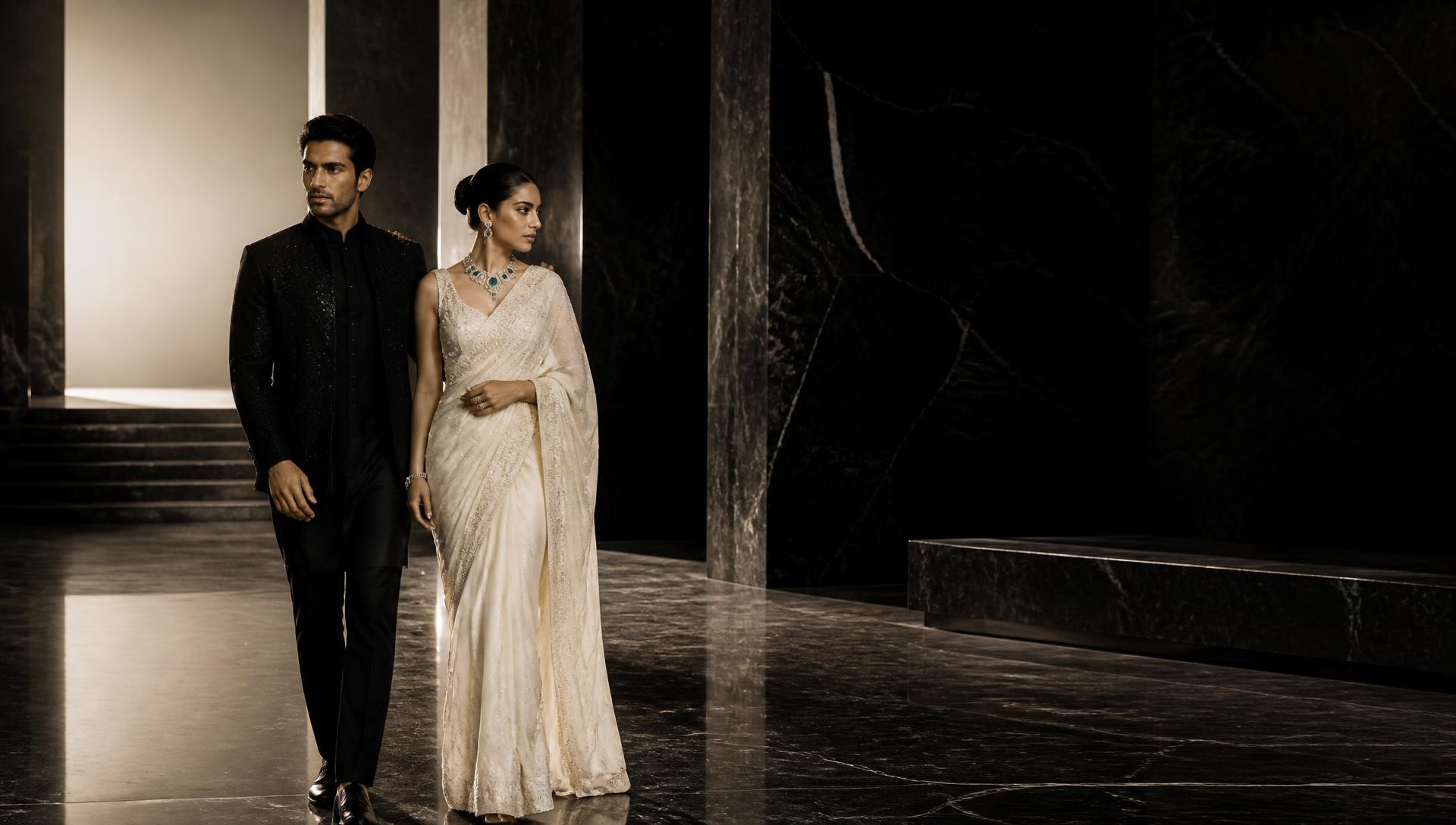 Kavya's Fashion campaign — couple in ivory and obsidian couture in a marble atrium