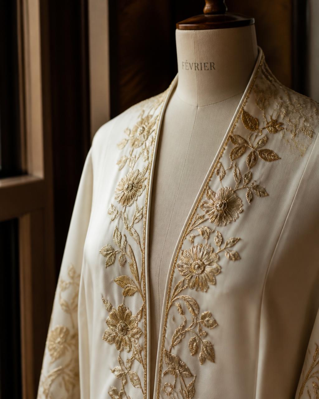 Hand-embroidered ivory silk garment on a mannequin in the Kavya's atelier
